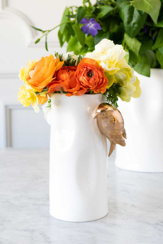 Florero Porcelana Blanco Con Pájaros Dorados Pequeño - Cristina Oria