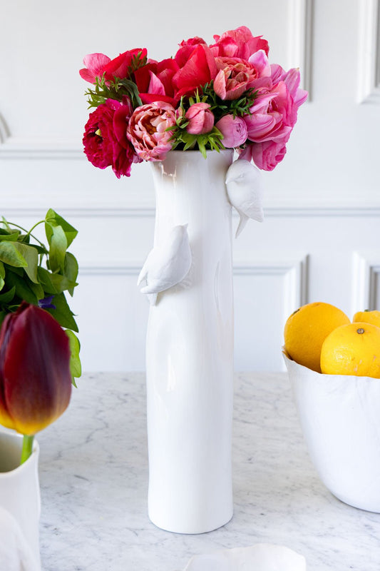 Florero Porcelana Blanco Con Pájaros Mediano - Cristina Oria