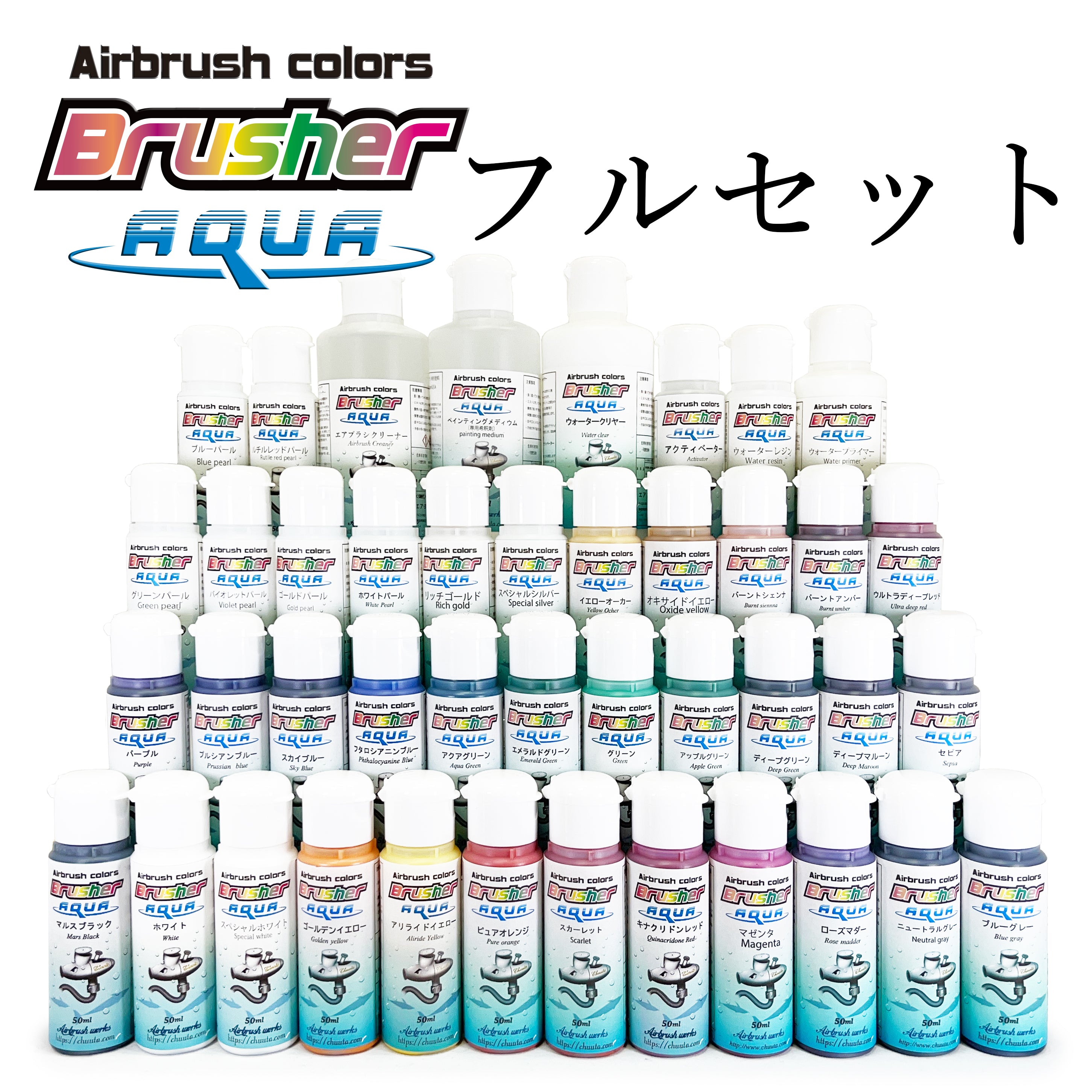 エアブラシ専用水性ウレタン塗料Brusherアクア3原色セット＋ペイントセット