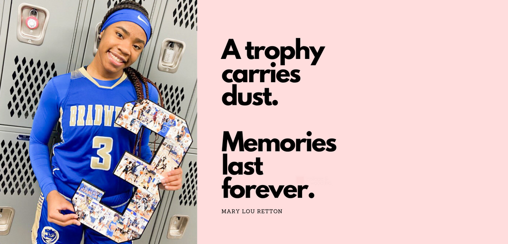 Shop this number collage at Https://www.collageandwood.com A trophy carries dust, Memories last forever - Mary Lou Rhetton