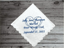 Load image into Gallery viewer, This elegant wedding announcement embroidered cotton handkerchief is 11&quot; x 11&quot; with scalloped edges will make a great keepsake or can be used daily, not a paper throwaway. A gift for the family and friends, gift from the bride and room. Custom and personalized just for you. A great keepsake of a wonderful occasion - Brogmanns Creations - 4
