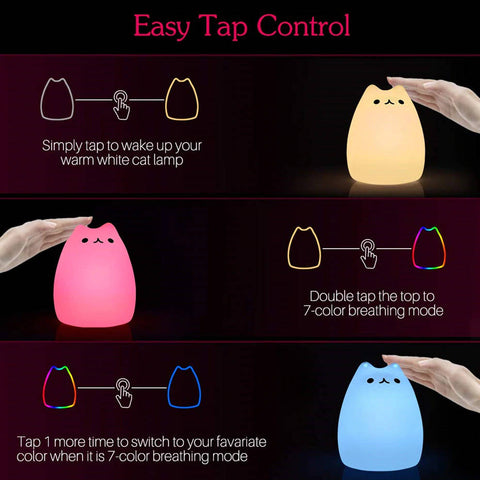 easy tap control touch or double tap interact kitten silicon night light and LED light to brighten up room