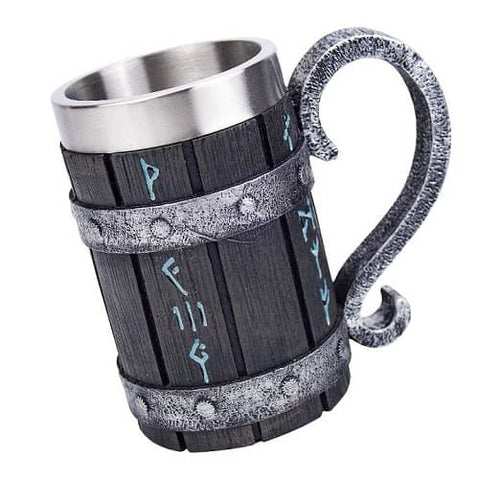 Chope à bière tonneau et runes vikings