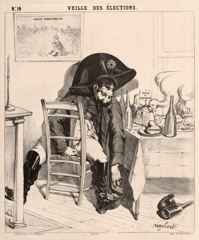 Caricature de Rigobert La veille des élections représentant Napoléon III ivre et revêtant un habit napoléonien bien trop grand pour lui.