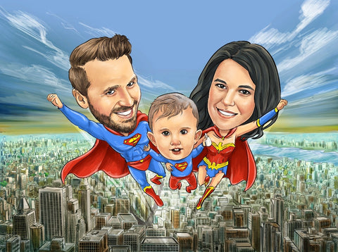 Caricature photo personnalisée d’une famille déguisée en super-héros volant dans le ciel