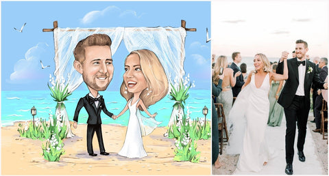 Caricature photo personnalisée d’un couple se mariant à la plage à gauche photo réelle à droite