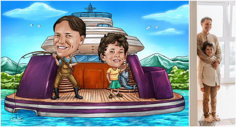 Caricature photo personnalisée d’un papa et de son fils pêchant sur un yacht à gauche photo réelle à droite
