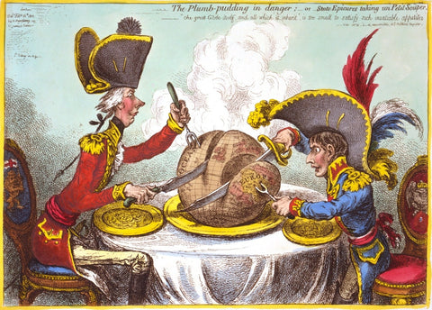 Caricature célèbre de James Gillray The Plumb-pudding in danger, or, State Epicures taking un Petit Souper représentant Napoléon Bonaparte et le premier ministre anglais William Pitt le jeune