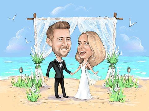 Caricature d’un couple souriant qui se marie à la plage