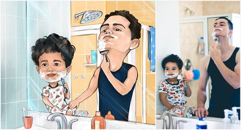 Caricature d’un papa et de son fils se rasant dans une salle de bain