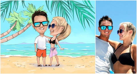 Caricature d’une photo d’un couple en maillot et à la plage à gauche et photo réelle à droite