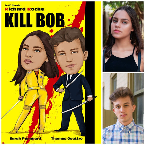 caricature d’une photo d’un couple déguisé en affiche de Kill Bill à gauche et photo réelle à droite
