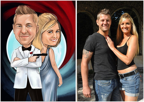 Caricature d’un couple déguisé en James Bond et James Bond girl à gauche et photo réelle du couple à  droite