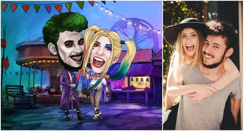Dessin caricature d’un couple déguisé en Joker et Harley Quinn à gauche et photo réelle à  droite