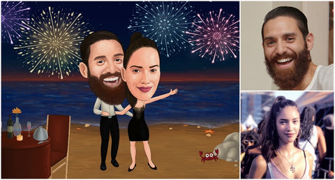 Caricature d’un couple dînant à la plage avec un feu d’artifice faite par un caricaturiste à gauche et photo réelle à droite”