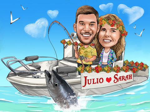 Caricature d’un couple pêchant sur un bateau décoré de fleurs faite par un caricaturiste