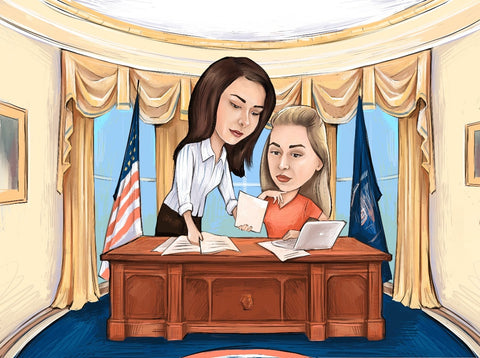 Photo dessin de deux jeunes femmes travaillant dans le bureau ovale