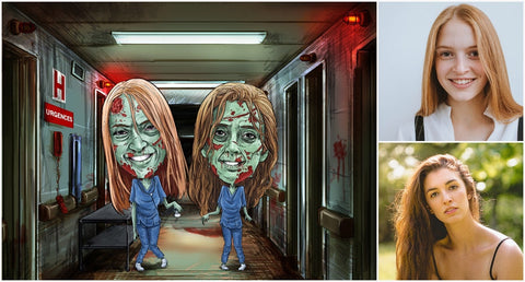 photo dessin de deux jeunes femmes zombie dans un hôpital à gauche et photo réelle à droite