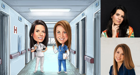 Photo caricature de deux jeunes infirmières dans le couloir d’un hôpital à gauche et photo réelle à droite