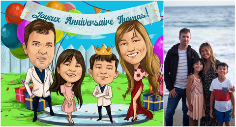 idée cadeau caricature d’une famille dans un jardin avec une banderole joyeux anniversaire à gauche et photo réelle à droite