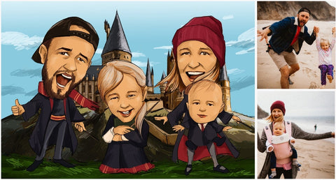 Photo caricature d’une jeune famille de quatre personnes déguisées en personnage d’Harry Potter devant le château de Poudlard