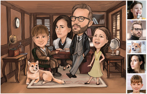 Caricature d’une famille de quatre personnes déguisées en personnage de Peaky Blinders dans un bureau à gauche et photo réelle de la famille à droite