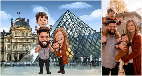 Photo dessin d’une famille de quatre personnes devant le Louvres à gauche et photo réelle à droite