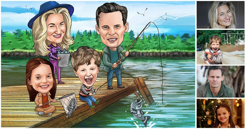 idée cadeau caricature d’une famille de quatre personnes pêchant sur un pont à gauche et photo réelle à droite