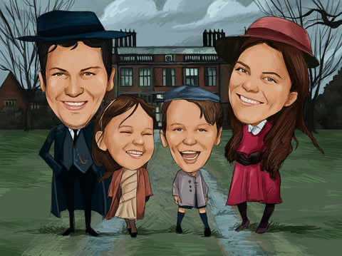 Caricature d’une famille de quatre personnes souriant devant Arley Hall