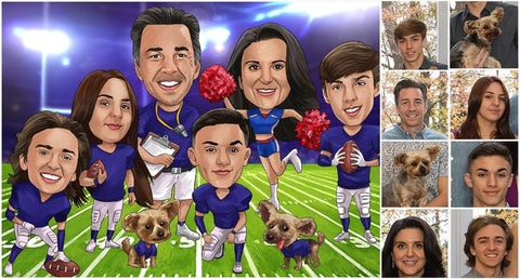 idée cadeau caricature d’une famille de six personnes déguisées en joueur de football américain à gauche et photo réelle à droite