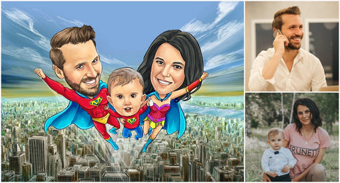 Caricature d’une jeune famille de trois personnes déguisée en super-héros volant dans le ciel.