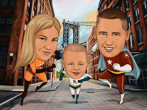 idée cadeau caricature d’une famille de trois personnes déguisées en super-héros dans une rue de Brooklyn”