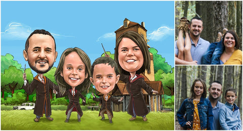 Caricature personnalisée d’une famille de quatre personnes déguisées en personnage de Harry Potter devant The Burrow à gauche et photo réelle à droite