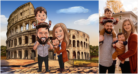photo caricature famille joyeuse près du Colisée en Italie : avec le papa qui porte son fils sur le dos et la maman son autre fils dans les bras.