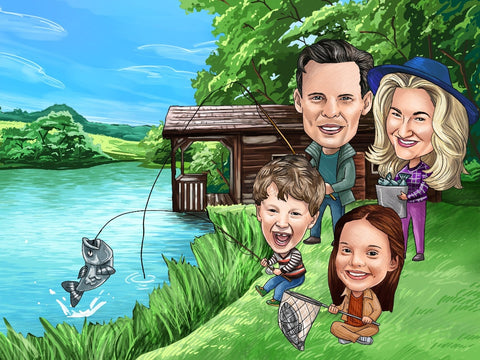 Caricature d’une famille pêchant au bord d’un lac