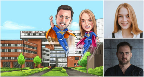 Dessin caricature d’un infirmier et d’une infirmière déguisés en super-héros à gauche et photo réelle à droite