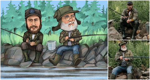 Caricature d’un jeune homme barbu et d’un vieil homme barbu à la pêche à gauche et photo réelle à droite