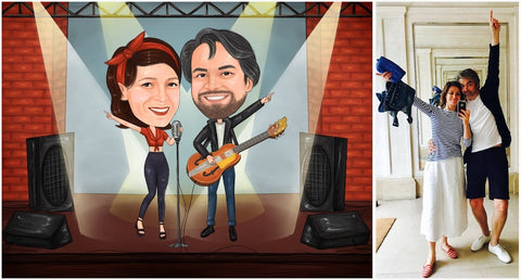 portrait personnalisé à gauche d’un couple déguisé en rock star à droite image photo du couple