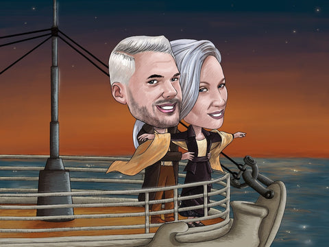 Portrait personnalisé d’un couple sur le titanic déguisés en Jack et Rose