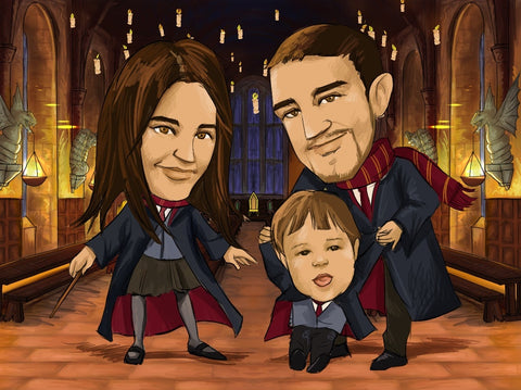 Portrait  personnalisé d’une famille de trois personnes déguisées en personnage de Harry Potter dans la grande salle de Poudlard
