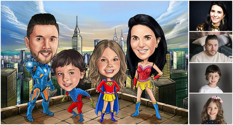 Dessin de famille personnalisé de quatre personnes déguisées en super-héros sur le toit d’un immeuble