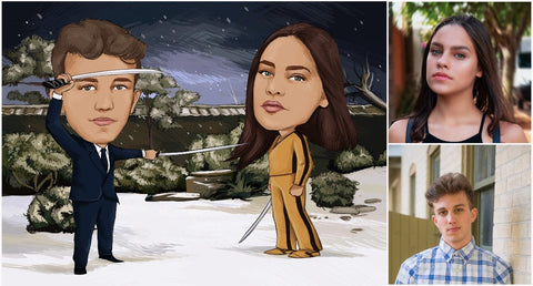 Caricature de deux personnes un homme et une femme déguisés en personnage de Kill Bill dans la scène du combat dans la neige avec O’Ren Ishii à gauche et photo réelle à droite
