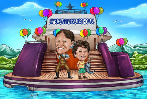 caricature personnalisée d’un père et d’un fils qui pêchent sur un yacht avec une banderole joyeux anniversaire