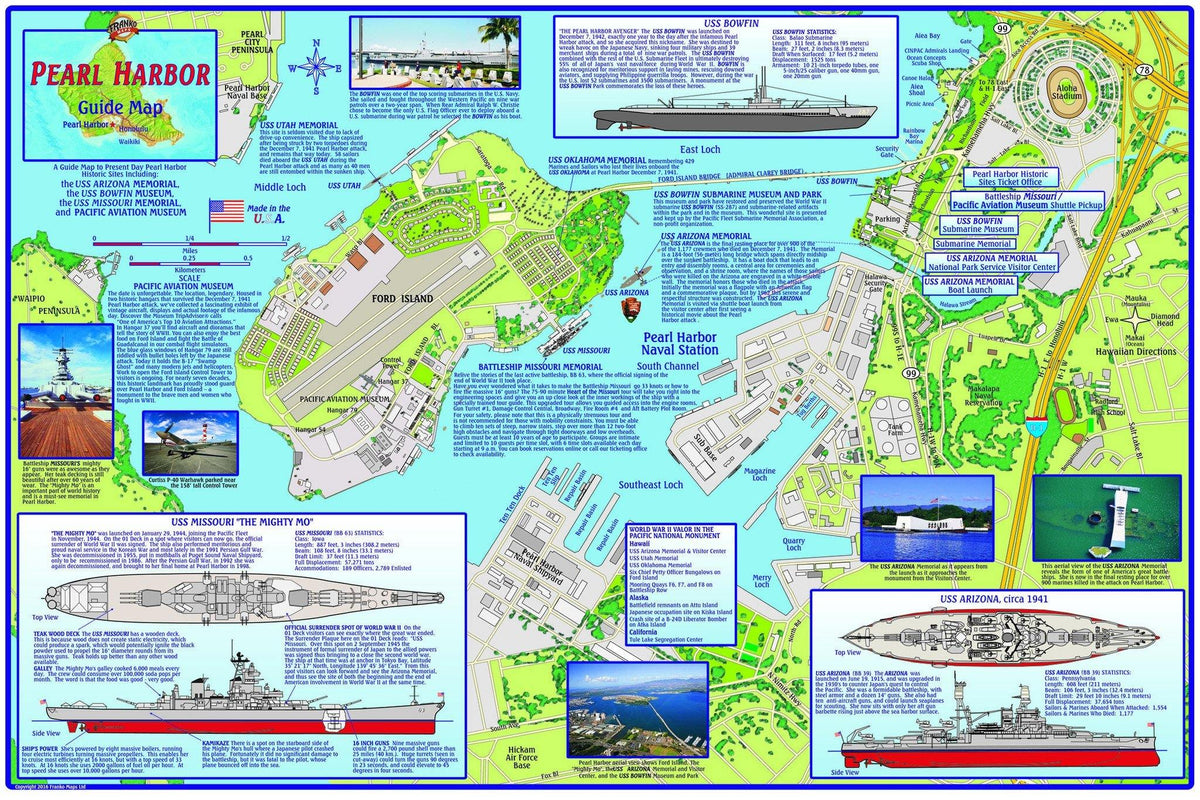 Pearl Harbor History & Guide Map Laminated Poster Franko Maps