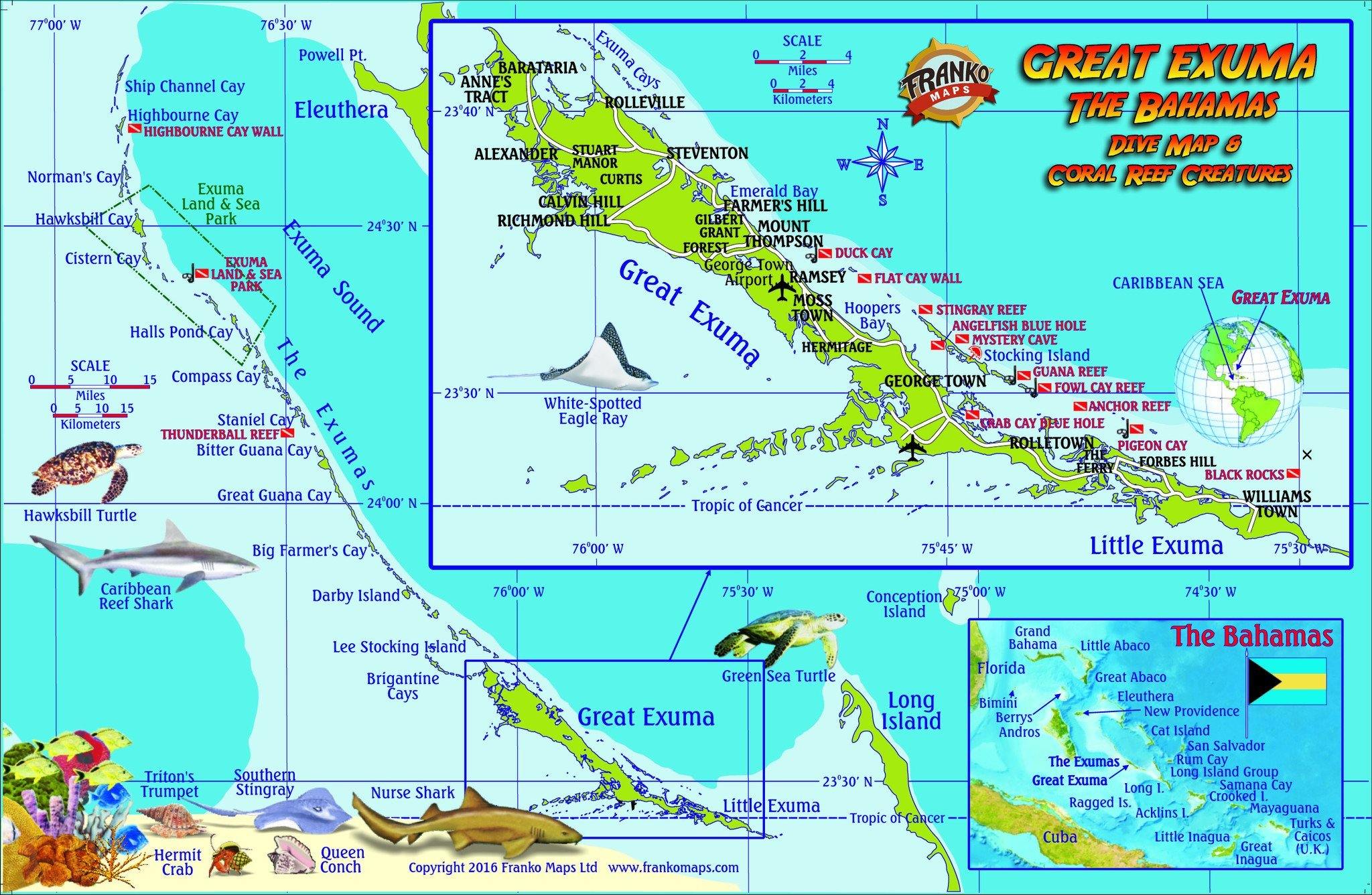 Great Exuma Island, The Bahamas, Fish Card Frankos Maps