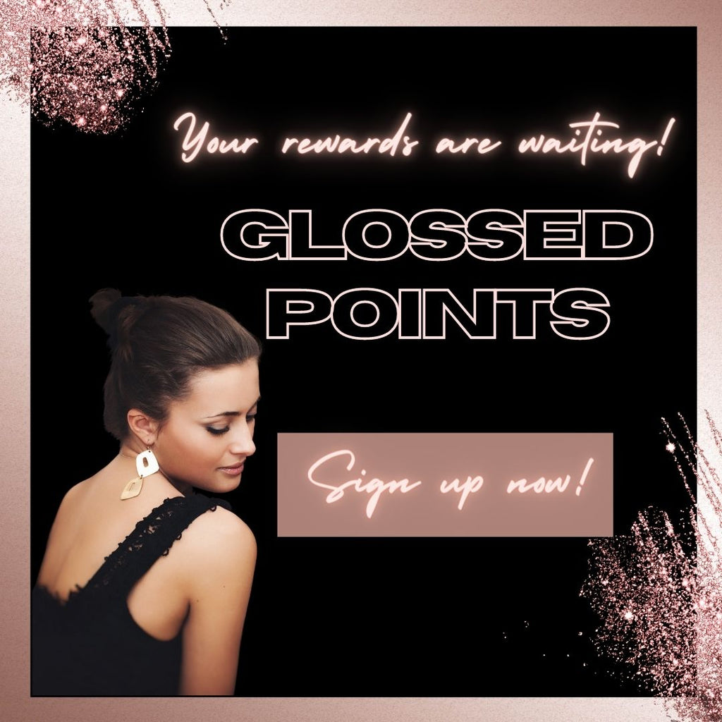 Glossed Points rewards program poster black and rose gold glitter graphic with dark haired model