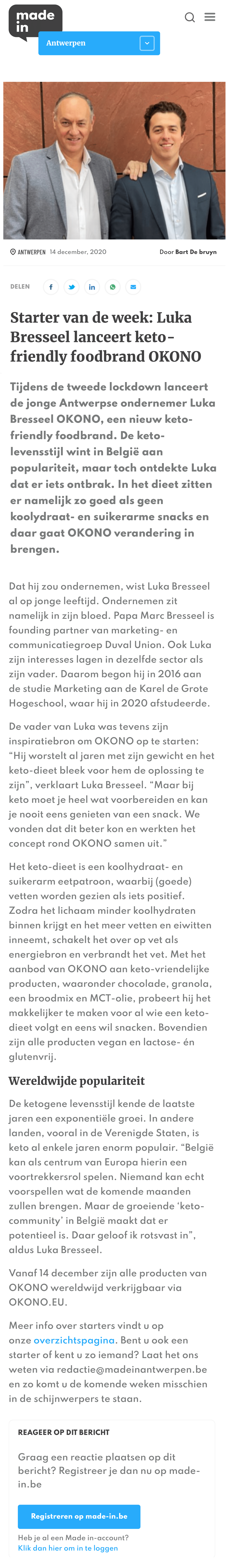 Artikel Okono in Made in Antwerpen: Starter van de week: Luka Bresseel lanceert keto-friendly foodbrand OKONO