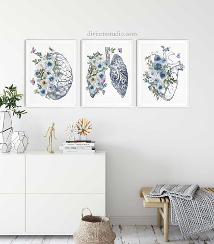 brain lungs heart floral art prints