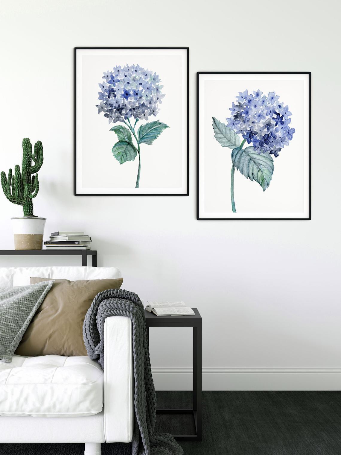 Blue Flowers Wall Art Set Of 2 Hydrangea Wall Paintings Diviarts Studio