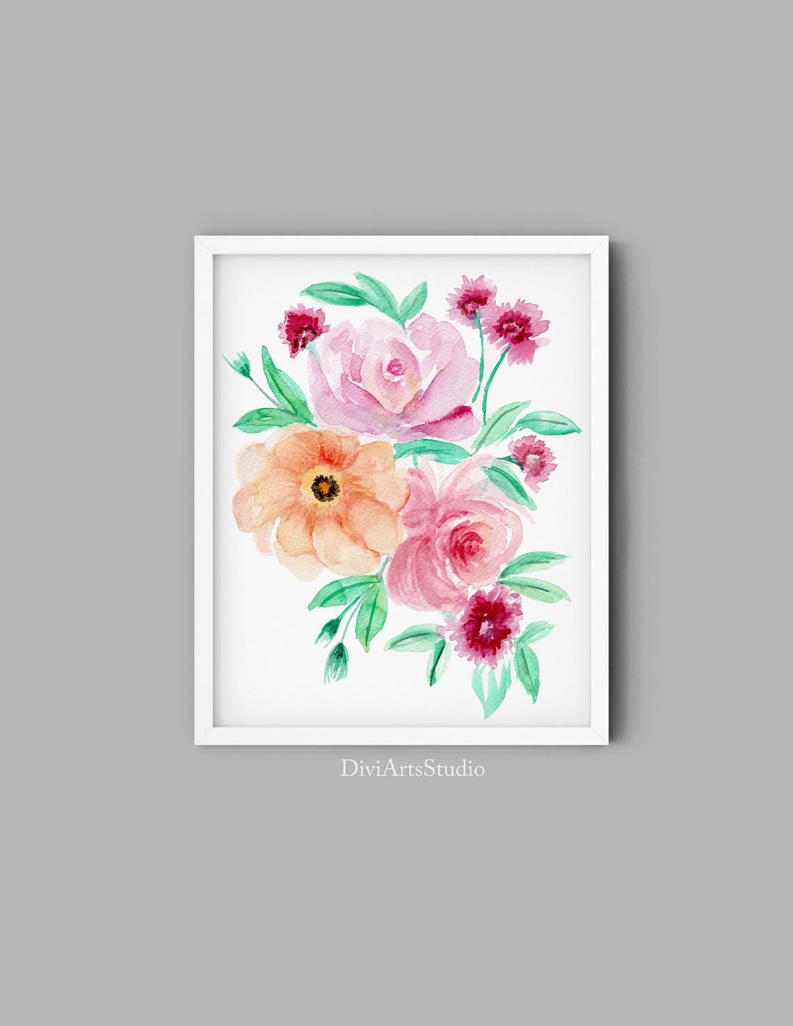 Floral Watercolor Wall Art Rose Peony Art Watercolor Flower Print Art & Collectibles Painting Sibawor.id